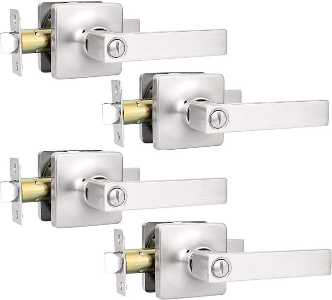 GOBEKOR 4 Pack Privacy Door Levers Brushed Nickel Interior Door Handles with Lock Square Lever Door Handles for Bedroom Bathroom Modern Privacy Lever Door Hardware