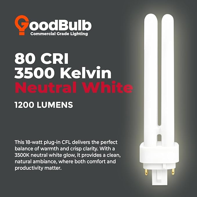 GoodBulb 18 Watt CFL Light Bulbs 4 Pin G24Q-2 Base 3500K Neutral White 18W High Output 1200 Lumens Double Tube Compact Fluorescent Light Bulbs Plug-in 10 Pack
