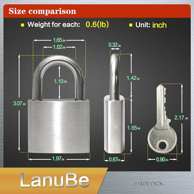 LanuBe 304 Stainless Steel Keyed Alike Padlocks for Outdoor use, Pin Tumbler Padlock, 2 inch Wide Body, Stainless Steel Body Normal Shackle, Pack of 2