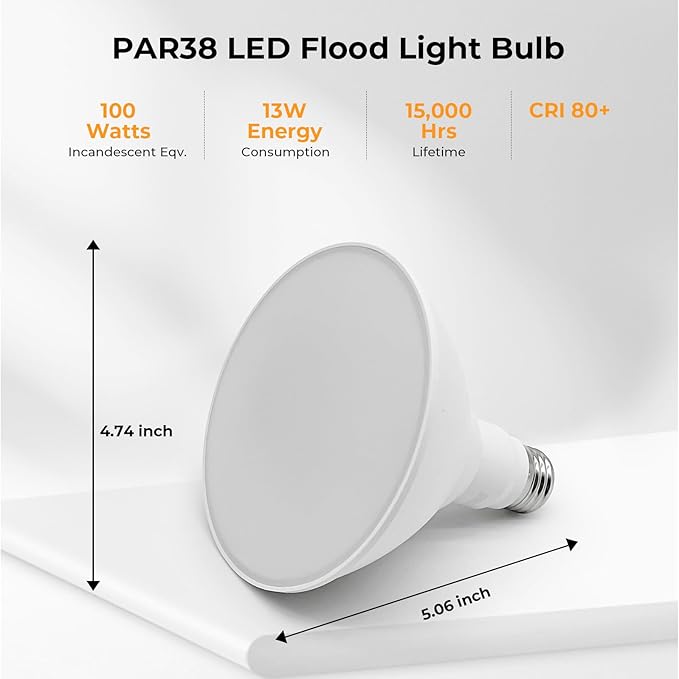 10 Pack PAR38 LED Outdoor Flood Light Bulbs, 100W Equivalent, 3000K Warm White, 13W Dimmable, Waterproof LED Floodlight for Porch Yard Garage, E26 Base, 1050LM,15,000 Hrs