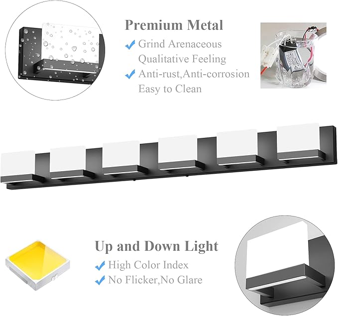 Tipace LED Modern Matte Black Bathroom Vanity Lights Over Mirror 6 Lights Up and Down Black Bathroom Vanity Light Fixtures 6000K