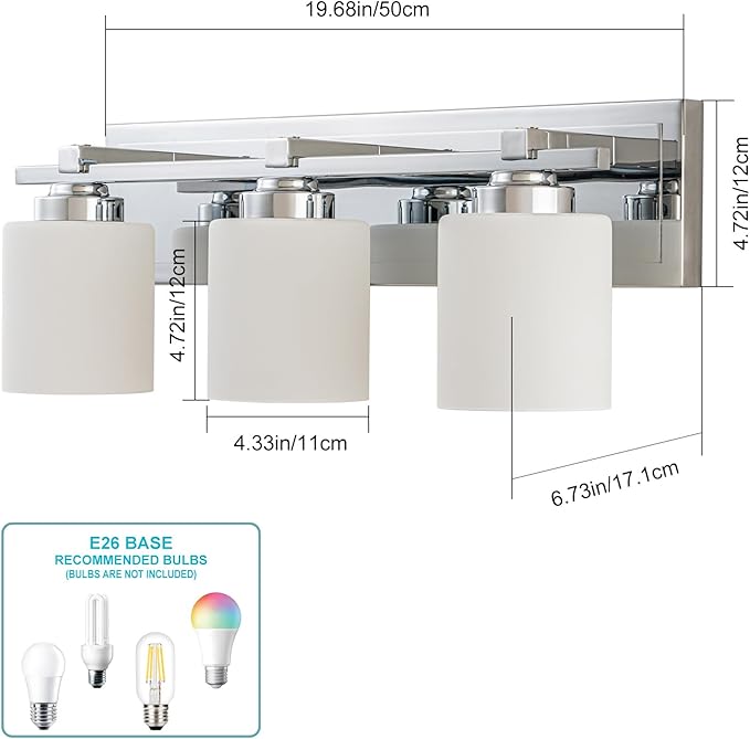 3 Light Modern Bathroom Light Fixtures Over Mirror, Chrome Vanity Lights for Bathroom Wall Sconces with Milky White Glass Shades, E26 Socket (Bulbs Not Included)