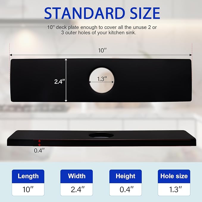 Faucet Deck Plate, Sink Hole Cover,Stainless Steel Long Rectangle 10 Inch Plate Escutcheon for 1 or 3 Hole Bathroom or Kitchen Sink Matte Black