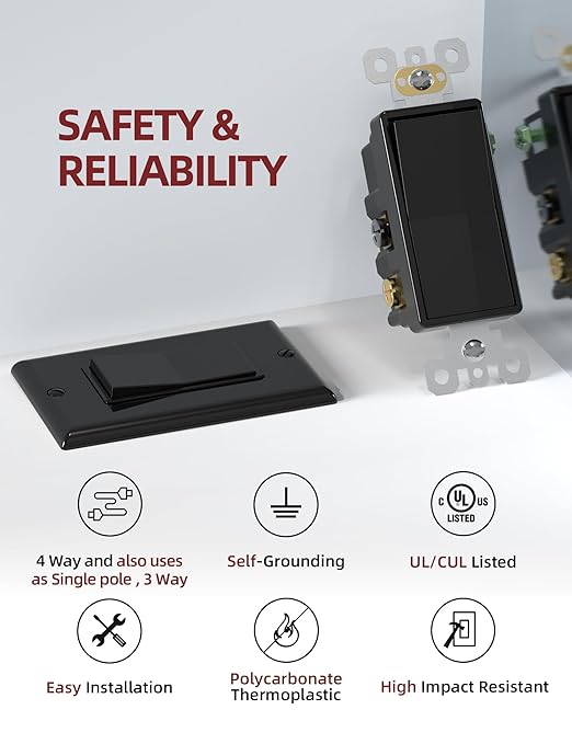 AIDA 4 Way Switch Decorative Light Switch, 15Amp, 120/277 Volt, AC Decorator Rocker Switch, Wall Plate Included, Self-Grounding, Residential and Commercial Grade, UL Listed (20 Pack, Glossy Black)