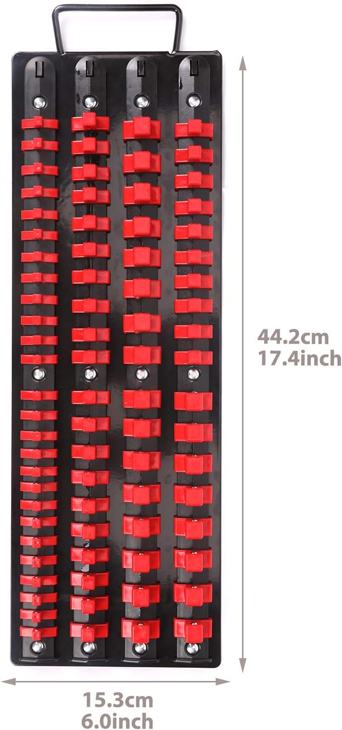 CASOMAN 80-Piece Portable Socket Organizer Tray, 1/4-Inch, 3/8-Inch, 1/2-Inch,Heavy Duty Socket Rail, Black Rails with Red Clips