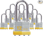 Keyed Alike Laminated Steel Padlocks with Long Shackle for Sheds, Fences & Lockers (12-Pack)