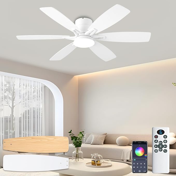 52inch White Ceiling Fans with Lights and Remote/App Control, Low Profile Ceiling Fan with Light and 6 Double-Side blades, Flush Mount, LED/RGB Dimmable DC Reversible Modern Ceiling Fan for