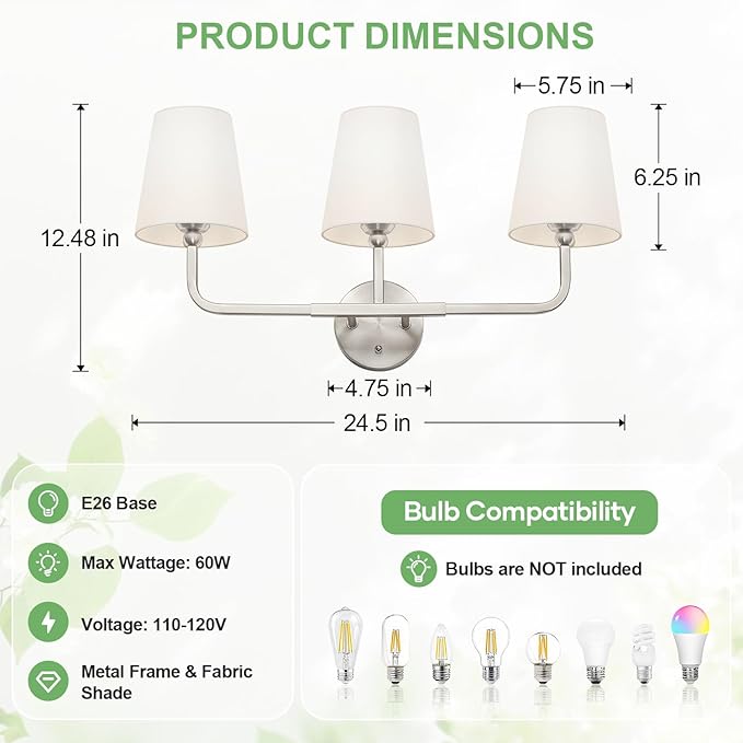 Bathroom Light Fixtures, 3-Light Brushed Nickel Vanity Lights, Bathroom Lighting Fixtures Over Mirror with Flared White Fabric Shade, Modern Wall Sconces for Living Room Hallway