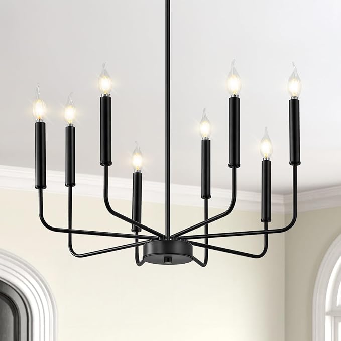 Qamra Farmhouse Black Chandelier for Dining Room, 8-Light Modern Candle Chandelier Light Fixture, Rustic Industrial Hanging Chandeliers Lighting for Living Room, Kitchen, Staircase, Entryway, Foyer