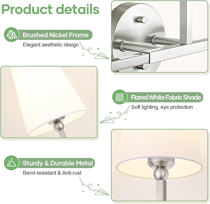 Bathroom Light Fixtures, 3-Light Brushed Nickel Vanity Lights, Bathroom Lighting Fixtures Over Mirror with Flared White Fabric Shade, Modern Wall Sconces for Living Room Hallway