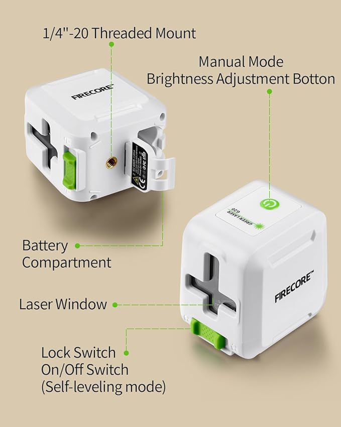 Firecore 82Ft Self Leveling Laser Level, Green Cross Line Laser Leveler Tool with Brightness Adjustment, Accurate Lazer Level for Picture Hanging Home Decoration,Battery Carry Pouch Included