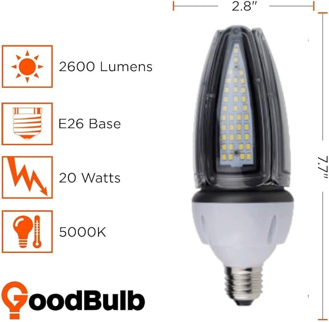 GoodBulb 20-Watt Acorn Light Retrofit LED Light Bulb High Output 2600 Lumens E26 Base Adapter 5000K Daylight White Light Color Car Dealership Lighting