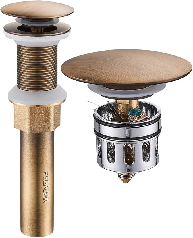 Antique Brass Pop UP Drain, Bathroom Vessel Lavatory Vanity Faucet Sink Stopper, Built-in Anti-Clogging Strainer, Fits Standard American Drain Hole(1-1/2" to 1-3/4"),Without Overflow RWF082S