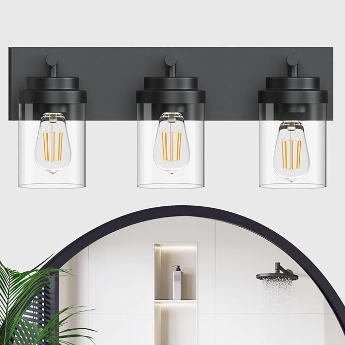 Bathroom Vanity Light Fixture with Clear Glass Shade, 3-Light Matte Black Bathroom Light Fixtures Over Mirror, Modern Vanity Lighting Fixtures for Bathroom/Living Room/Bedroom, E26 lamp Holder