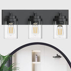Bathroom Vanity Light Fixture with Clear Glass Shade, 3-Light Matte Black Bathroom Light Fixtures Over Mirror, Modern Vanity Lighting Fixtures for Bathroom/Living Room/Bedroom, E26 lamp Holder