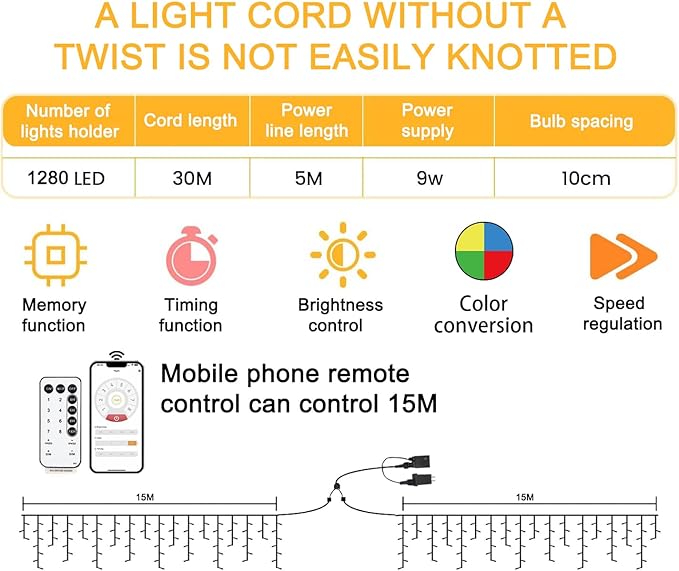 Christmas String Lights Outdoor - 99Ft/30M 1280 LED 8 Modes with Remote Control and App Waterproof Christmas Lights for Patio Yard Garden Wedding Party-Multicolor