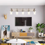 BONLICHT Transitional Vanity Lighting Fixtures Brushed Nickel with Clear Hammered Glass Shade,Farmhouse 5 Light Bathroom Lights Wall Sconces Contemporary Indoor Wall Mount Lights for Kitchen Sink