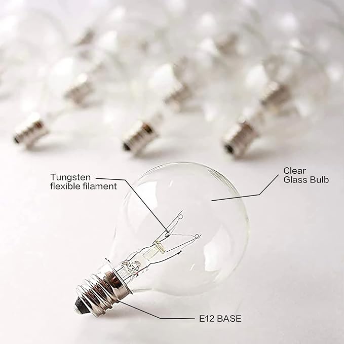 G40 Replacement Bulbs, 25 Pack Clear Glass Globe 5W E12 Candelabra Base Incandescent Light Bulbs, Warm White for Outdoor String Lights, Christmas, Patio, Holiday Decor