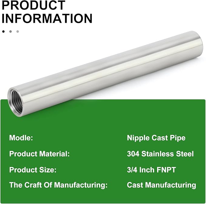 TAISHER 2PCS Stainless Steel Pipe Fittings, 3/4" NPT x 3/4" NPT Female Threaded, 8" Length Nipple Cast Pipe