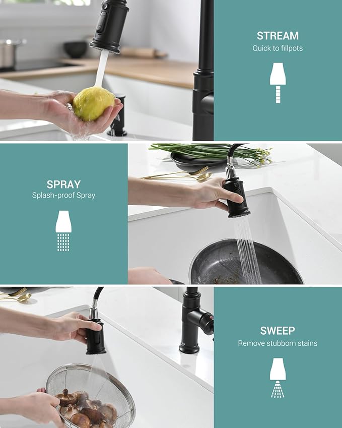 Matte Black Kitchen Faucets with Pull Down Sprayer, DAYONE Single Handle Stainless Steel Kitchen Faucet One Hole High Arc Farmhouse Sink Faucets with Soap Dispenser, DAY-136MB
