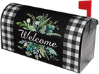Kawani Buffalo Plaid Mailbox Cover - Black & White Plaid with Leaves - Magnetic Welcome - Standard Size 25.5 x 21 Inches