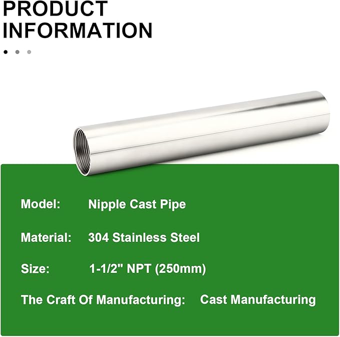 TAISHER 1PCS Stainless Steel Pipe Fittings, 1-1/2" NPT Female x 1-1/2" NPT Female Threaded, 10" Length Nipple Cast Pipe