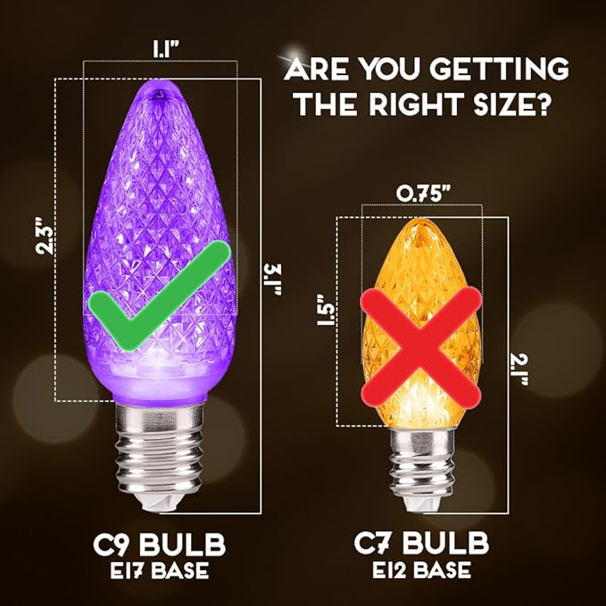 HLO Lighting C9 LED Christmas Lights, Faceted C9 Christmas Light Bulbs for Indoor & Outdoor Décor 25, Multi (R, G, B, Y, P)