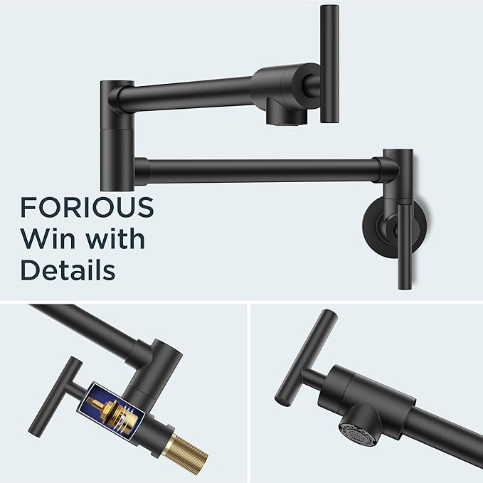 FORIOUS Black Pot Filler Faucet Over Stove, Solid Brass Modern Wall Mount Commercial Folding Faucet with Stretchable Double Joint Swing Arms for Kitchen Restaurant
