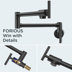 FORIOUS Black Pot Filler Faucet Over Stove, Solid Brass Modern Wall Mount Commercial Folding Faucet with Stretchable Double Joint Swing Arms for Kitchen Restaurant