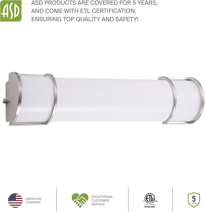 ASD LED 24" Vanity Flush Mount Light Fixture, Linear Bathroom Lighting Bar | 3CCT, Dimmable, ETL Listed | 25W 2600LM 3000-5000K 100-277V | Long Tube Bath Wall Sconce Over Mirror | Nickel, 4 Pack