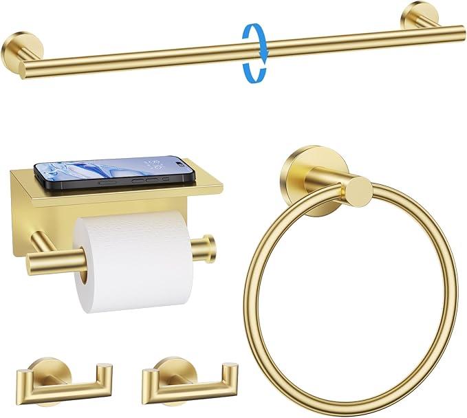 TNOMS 5-Piece Towel Bar Set Brushed Gold Bathroom Hardware Accessories Set Include 23.6in Towel Bar Toilet Paper Holder Towel Ring Towel Hooks Stainless Steel Towel Holder Set Wall Mounted