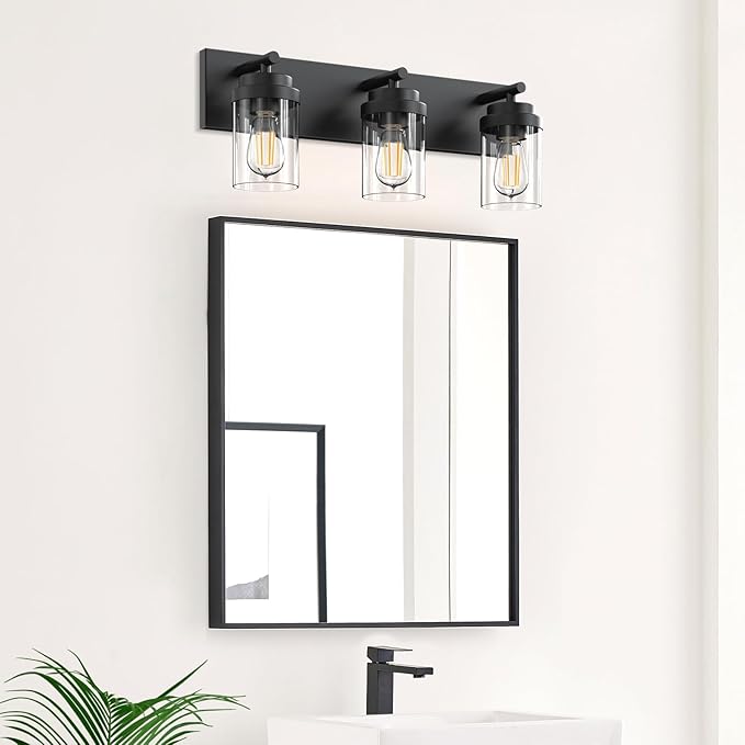 Bathroom Vanity Light Fixture with Clear Glass Shade, 3-Light Matte Black Bathroom Light Fixtures Over Mirror, Modern Vanity Lighting Fixtures for Bathroom/Living Room/Bedroom, E26 lamp Holder