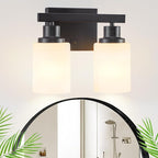 Bathroom Light Fixtures Over Mirror, 2-Light Modern Matte Black Vanity Lights with White Frosted Glass Shade, Bathroom Wall Lamp Sconces for Mirror Bedroom, Living Room Hallway Small Space