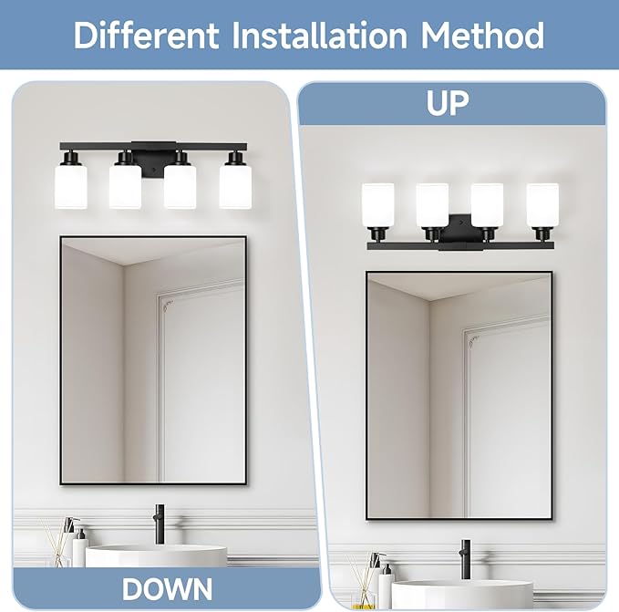 4-Light Bathroom Vanity Light, Modern Matte Black Bathroom Light Fixtures with Square Frosted Glass, Wall Sconces fixtures Over Mirror Restroom,Living Room Hallway E26