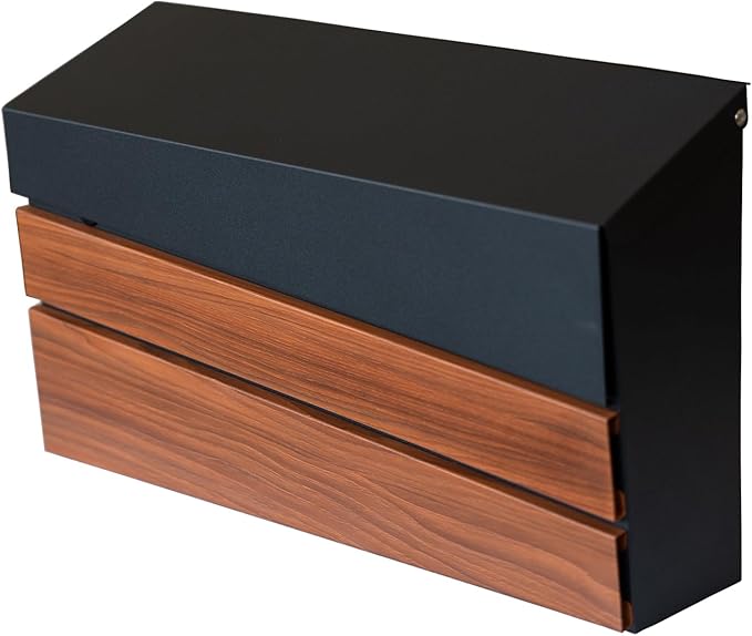 Wall-Mount Mailbox, Walnut Wood Panel, Rust Resistant Large Capacity House Mailbox, Morden Drop Mailboxes for Outside, Metal Post Box (No Keys Locking)