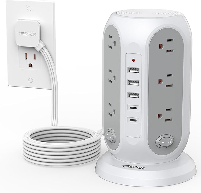 TESSAN Tower Power Strip with Individual Switches, Surge Protector with 12 Outlets, 5 USB Ports(2 USB C), Flat Extension Cord 10 Ft, Flat Plug, Charging Station for Multiple Devices, for Office, Dorm