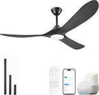 52" Black Outdoor Ceiling Fan with Light, Alexa Smart Ceiling Fan with Light Remote 3 Wood Blade Quiet Reversible DC Motor, Large Airflow Damp-rated Indoor Exterior Ceiling Fans for Patio Porch Gazebo