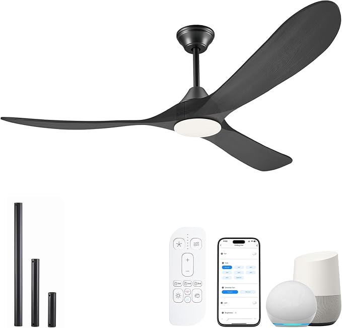 52" Black Outdoor Ceiling Fan with Light, Alexa Smart Ceiling Fan with Light Remote 3 Wood Blade Quiet Reversible DC Motor, Large Airflow Damp-rated Indoor Exterior Ceiling Fans for Patio Porch Gazebo