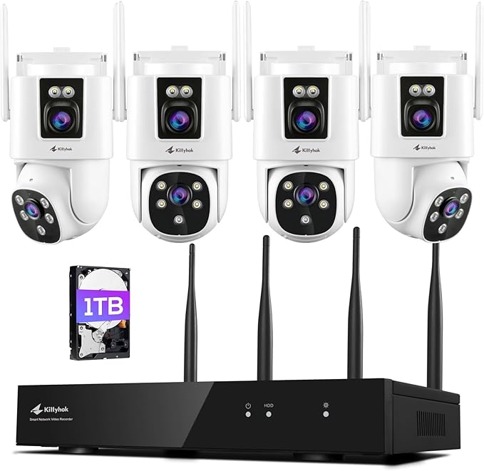 Kittyhok Dual Lens Wireless Security Camera System, 4pcs 2K Outdoor Camera with 2.4/5GHz WiFi, Pan & Tilt, Auto Tracking, Human Detection, Color Night Vision, 16CH Wi-Fi 6 NVR with 1TB HDD, KWDP164
