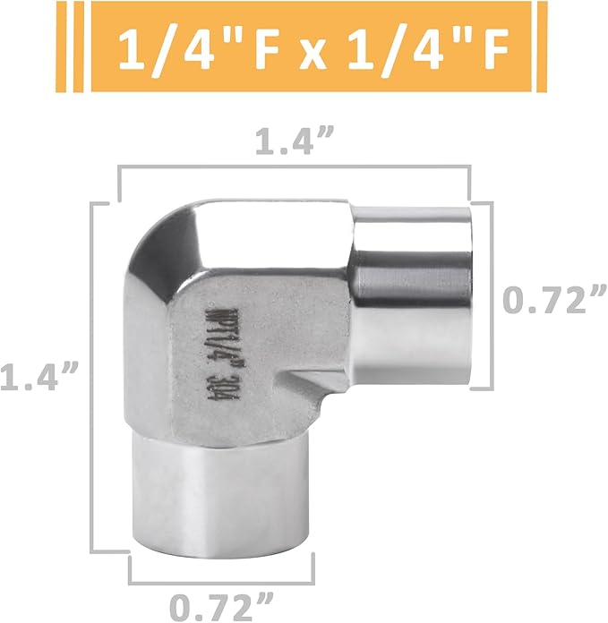 90 Degree Street Elbow - 1/4" NPT Female to 1/4" NPT Female Stainless Steel 304 Heavy Duty Forged Barstock Street Elbow Adapter Pipe Fitting (pack of 5)