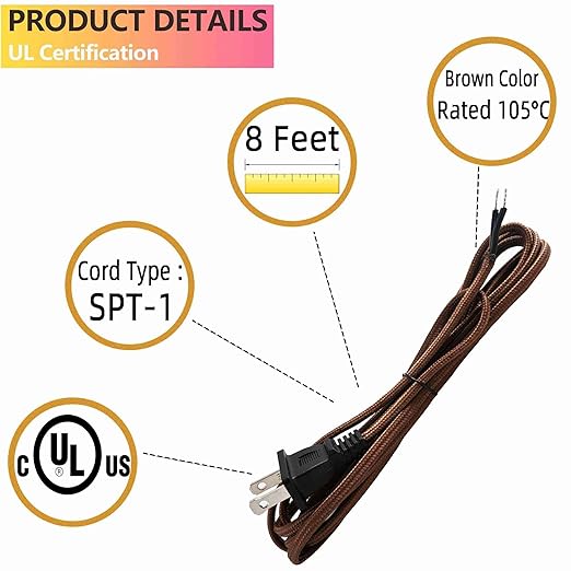8 Feet Rayon Cloth Covered Replacement Lamp Cord with End Plug for Antique Lamp Repair DIY Project, SPT-1 Electric Wire,18 AWG, Stripped Ends,4 Pack,Brown Color