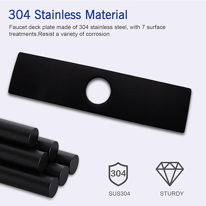 Faucet Deck Plate, Sink Hole Cover,Stainless Steel Long Rectangle 10 Inch Plate Escutcheon for 1 or 3 Hole Bathroom or Kitchen Sink Matte Black
