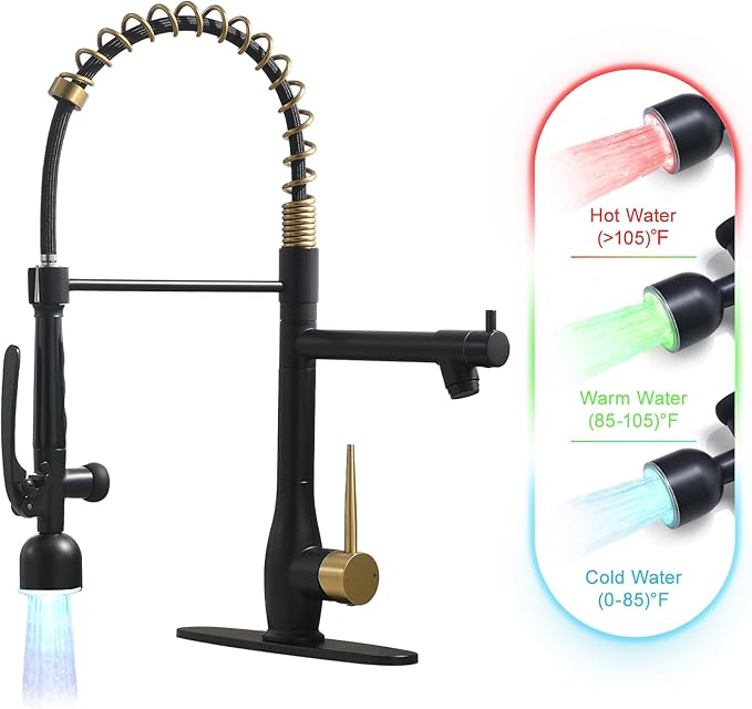 GIMILI Black and Gold Kitchen Faucet with LED Single Handle Kitchen Sink Faucet with Pull Down Sprayer Commercial Double-Headed Stainless Steel Kitchen Faucets Sink with Deck Plate