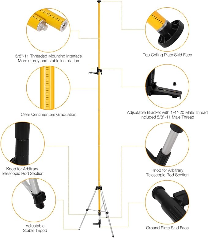 13.8Ft/4.2M Professional Laser Level Pole with Tripod & Mount - 1/4" & 5/8" Adapters, Adjustable Telescoping Laser Level Pole for Rotary/Line Lasers