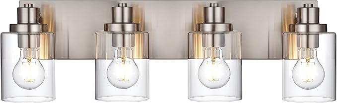 4 Light Vanity Light Brushed Nickel Bathroom Lighting Fixtures Over Mirror, Modern Bathroom Light with Clear Glass Shade, Farmhouse Vanity Lights