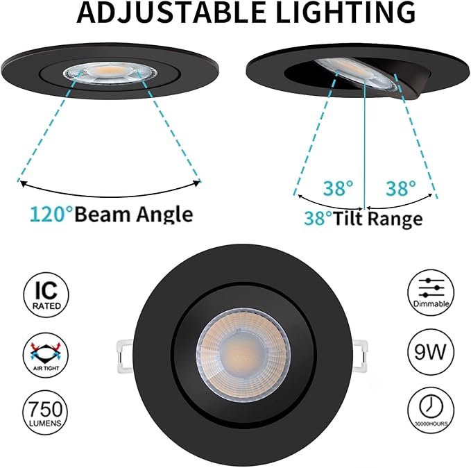 Black recessed Lights with Night Light 4 Inch 6 Pack, Gimbal canless recessed Lights with Junction Box,9W 750LM,Dimmable,5CCT Selectable,Air Tight