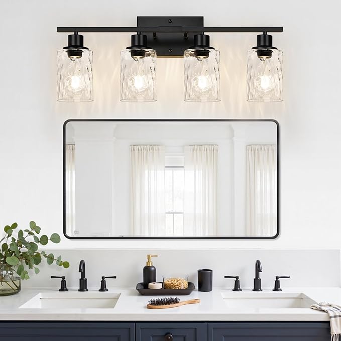 4-Light Bathroom Light Fixtures, Matte Black Vanity Light with Crystal Glass Shades for Mirror, Living Room, Bedroom, or Porch