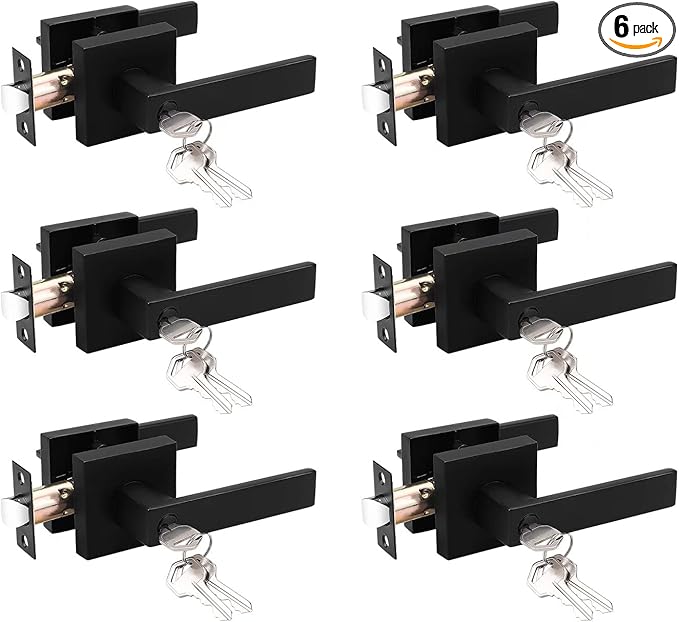 Probrico 6 Pack Entry Door Lever with Lock and Key,Entrance Door Handles for Office and Front Door,Matte Black Door Knobs Keyed Alike Same Key Lockset (Each with 3 Keys)