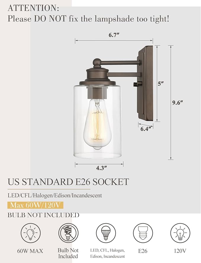 Bathroom Vanity Light, HWH 1 Light Wall Sconce Lamp Over Mirror, Farmhouse Wall Vanity Lighting in Oil-Rubbed Bronze Finish, 5HLT63B ORB