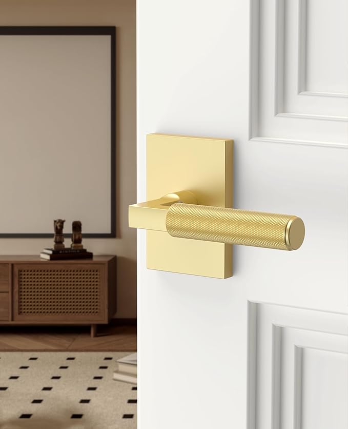 Asidrama 6 Pack Brushed Gold Passage Door Handles, Door Lever with Door Knobs Indoor for Bedroom or Bathroom, Heavy Duty Door Handles Interior with Locks for Left Right Sided Doors